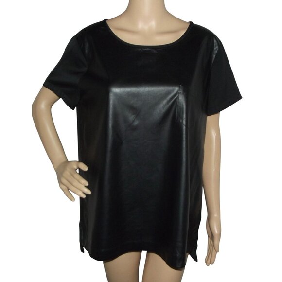 J. Crew Faux Leather Tee Womens Size L Black Short Sleeve Top pocket - Picture 1 of 14